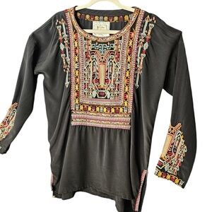 Johnny Was Top Jaina Blouse Shirt Small Silk Embroidered Round Neck Long Sleeve